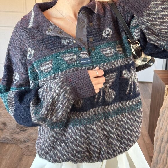Vintage 90s Wool Mohair Blend Aztec Henley Sweater AOP Purple Italy Retro - Picture 2 of 9